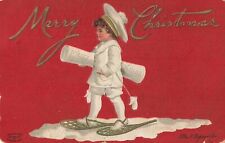 Christmas Boy Snowshoes Signed Artist ELLEN CLAPSADDLE Postcard Red Background picture
