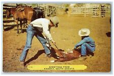 Kadoka South Dakota SD Postcard Men Holding Down The Horse Scene c1960's Vintage picture