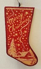 RED STOCKING w SNOWY HOUSE, MERRY * Glitter  CHRISTMAS ORNAMENT * Vtg Img picture