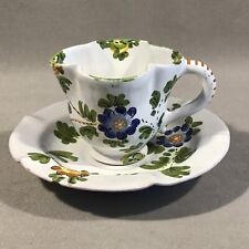 PV07091 Vintage Cantagalli Italy HP BLUE ORANGE FLORAL Espresso Cup & Saucer picture