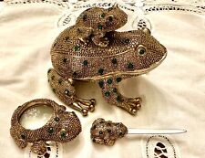 Vtg Bombay Jeweled Rhinestone Frog Trinket Brass Box 3-Pc Complete Desk Set picture
