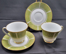 Set of 2 Vintage Noritake Japan Eroica China Green & Gold Trim Tea Cup & Saucer picture