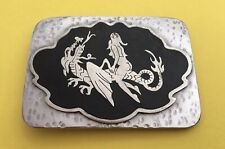 Awesome Silver & Black Nude Lady Riding Dragon Biker Harley Goth Mod Belt Buckle picture