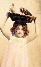 c1905 Girl w/ Cat In A Basket On Head, unique, antique postcard, hand colored picture