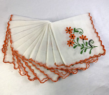 MCM Vintage Napkins Scalloped Embroidered  Set Of 12 White Orange Green Floral picture
