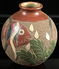 VTG South American Handpainted Sgrafitto Pottery Vase Planter Folk Art Fish 7