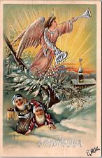 New Year Brownies Gnomes Angel Blowing Horn Light Gilt Emboss c1910s postcard P6 picture