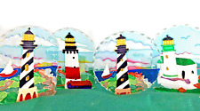 (3) Lighthouse Candle Votive Holder Stained Glass Look 4 Inches Tall Light House picture