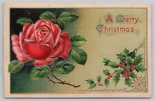Postcard A Merry Christmas, Beautiful Embossed Rose, Ivy, c1911 picture