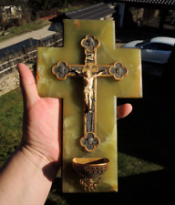 Antique Holy Water Font Crucifix Bronze Onyx French Napoleon III picture