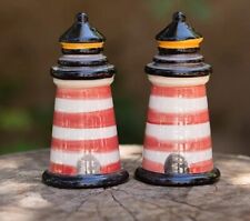 Blue Sky Clayworks Red Striped Beacon Lighthouse Salt Pepper Shakers NIB picture