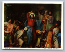 Vintage c.1950's Jesus Cleansing the Temple Prayer Card Litho 3.75