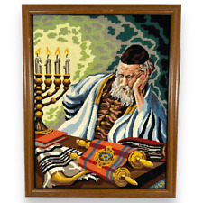 Rabbi Needlepoint Torah Menorah Meditation Jewish Vintage Framed Art 23” x 28.5