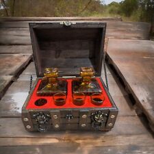 Wooden Treasure Chest Decanter Bar Set Vintage Amber Whiskey 3 Shot Glasses picture