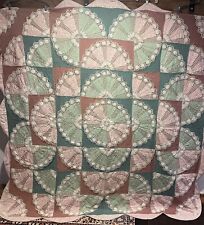 Extraordinary  Hand Sewn Pink Green Quilt w/ Old Lace Scalloped Edge 75”x83” picture