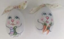 Vtg. 90s Folk Art Spring Bunny Easter Eggs Hand Painted Wood Grannycore picture