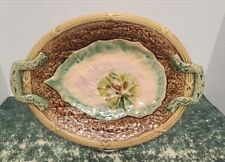 Antique 19th Century Large Majolica Begonia Leaf Tray Faux Bois Handle Crack picture