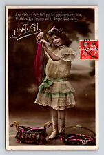 c1910 RPPC French Girl April Fool's Fish Tale Hand Colored Real Photo Postcard picture
