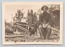 RPPC Man Sitting on Saw Mill Holding Oil Can 3.5x2.5 TRIMMED Real Photo Postcard picture