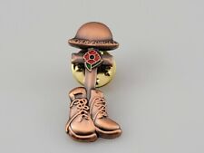 Veterans Never Forget Soldier Helmet Boots Cross with Red Poppy Bronze Tone Pin picture