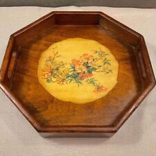 Vintage Mid Century Boho Wood Floral Octogobal Serving Decorative Tray 12.5”x12. picture