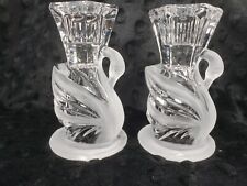 Vintage Crystal Frosted Glass Swan Taper Candle Holders 3.75