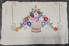Vintage Hand Embroidered Floral Basket Linen Dresser Scarf / Table Scarf picture