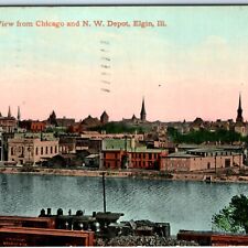 c1910s Elgin, IL Birds Eye from Chicago NW Railway Depot CMStP Boston Maine A157 picture