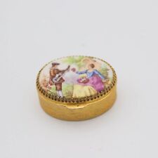 Gold Regency Pillbox, Courting Couple, Porcelain Lid, Snuff, Romantic, Trinket,  picture