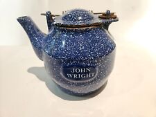 John Wright Blue Enamel w/ White Splatter Cast Iron Tea Pot cast iron kettle picture