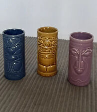 Tiki Mugs Cups Set of 3 Drinkware Ceramic Cocktail Bar ware Blue Tan Dusty Rose picture