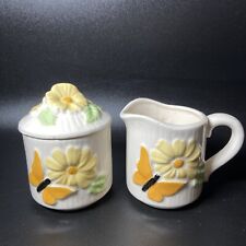 Vintage MCM 1970's Pitcher  & Creamer Sugar Small Ceramic Butterfly Flowers  picture