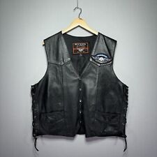 VTG Interstate Leather Biker Vest - Harley-Davidson Patches - Black - Laced - XL picture