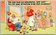 Woman With Seven Children Nagging The Man Reading Newspaper Comic Card Postcard picture