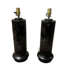 RARE SET OF 2 HOLLYWOOD REGENCY BLACK LAQUER MOTHER OF PEARL INLAY TABLE LAMP picture