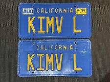CALIFORNIA PAIR OF LICENSE PLATES BLUE KIMV L AUGUST 1994 VANITY PERSONALIZED picture