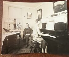 VTG c.1920s Woman Glasses Playing Upright Piano Seated Man Smoking Pipe Table picture