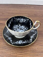 Vintage AYNSLEY Footed Black Teacup Saucer with White Flowers Bone China picture
