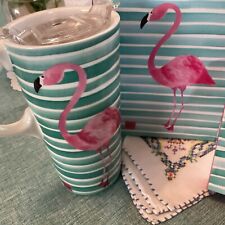 Ceramic Mug Porcelain Latte Tea Cup Coffee Mug / Striped Flamingo 17 Oz picture
