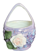 VTG German LusterWare Porcelain Basket Purple Applied Roses & Flowers 3.75