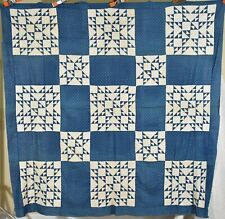 DAZZLING Vintage 1880's Cadet Blue & White Feathered Stars Antique Quilt picture