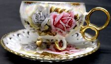 Royal Sealy Cup Saucer Vtg Opalescent Ring Handle Feet Pierced Hollywood Regency picture