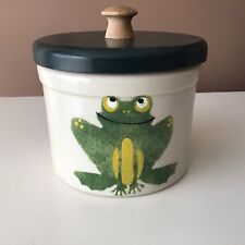 BURLEY POTTERY Crock Clay Canister Bowl Hand Painted Frog Wood Cover 4” Butter picture