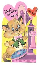 Vintage Valentines Day Card Kitten Cat With Antique Candlestick Telephone picture