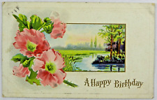 A Happy Birthday Beautiful Pink Flowers, Landscape River - Vintage Postcard picture