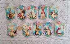 10-Easter-Vintage-Victorian-Bunny-Rabbit-Handmade-Linen Cardstock-Gift-Hang-Tags picture