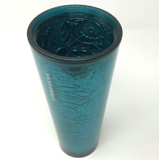 NEW Starbucks 2017 24 oz Tumbler Cup Embossed Tin Floral Foil Teal No Lid Straw picture