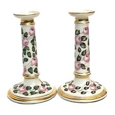 Gorgeous Tall Vintage Hand-Painted Porcelain Candlesticks Pink Roses Gold 9