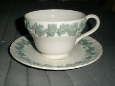 Vintage Wedgwood QUEEN'S WARE Embossed Celadon Green on Cream Tea Cup Saucer picture