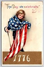 Ellen H Clapsaddle Patriotic~July 4~Boy Celebrates 1776~Flag & Sabre~Gold~1912 picture